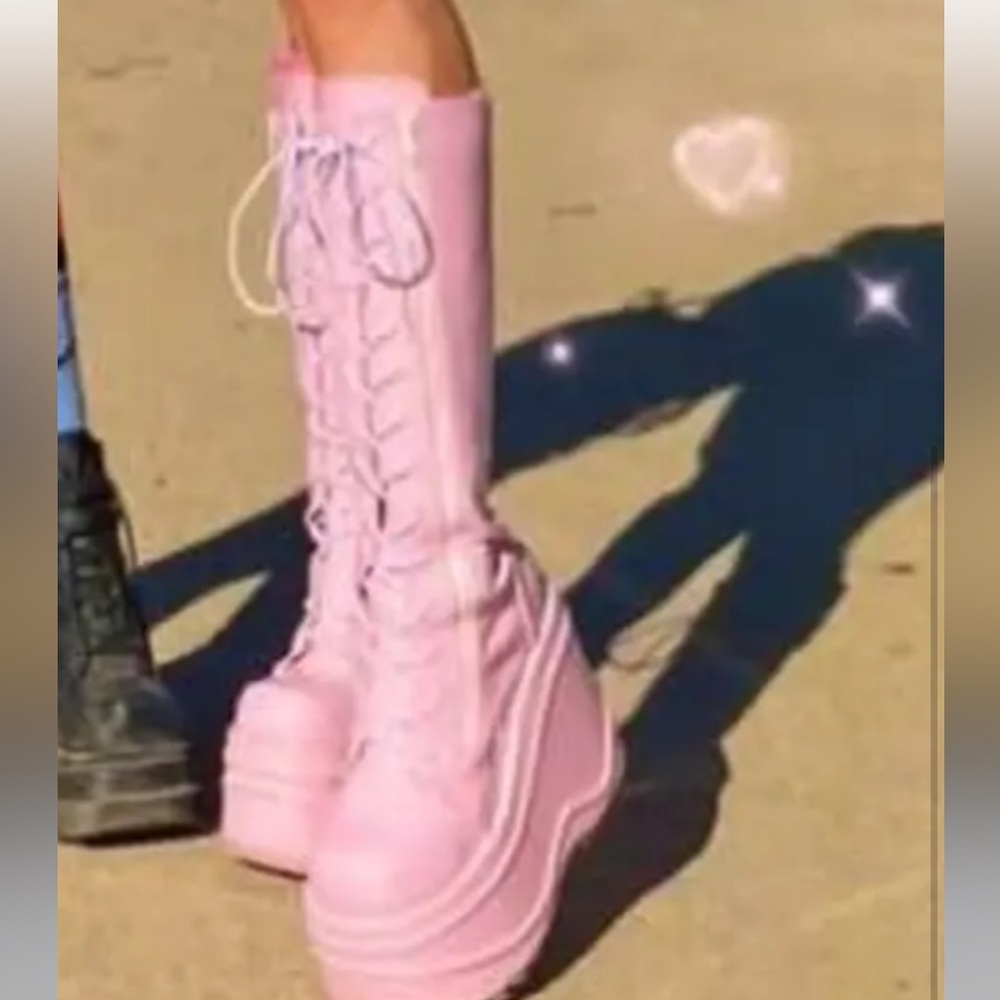 Demonia Pink Platform Lace-Up Boots